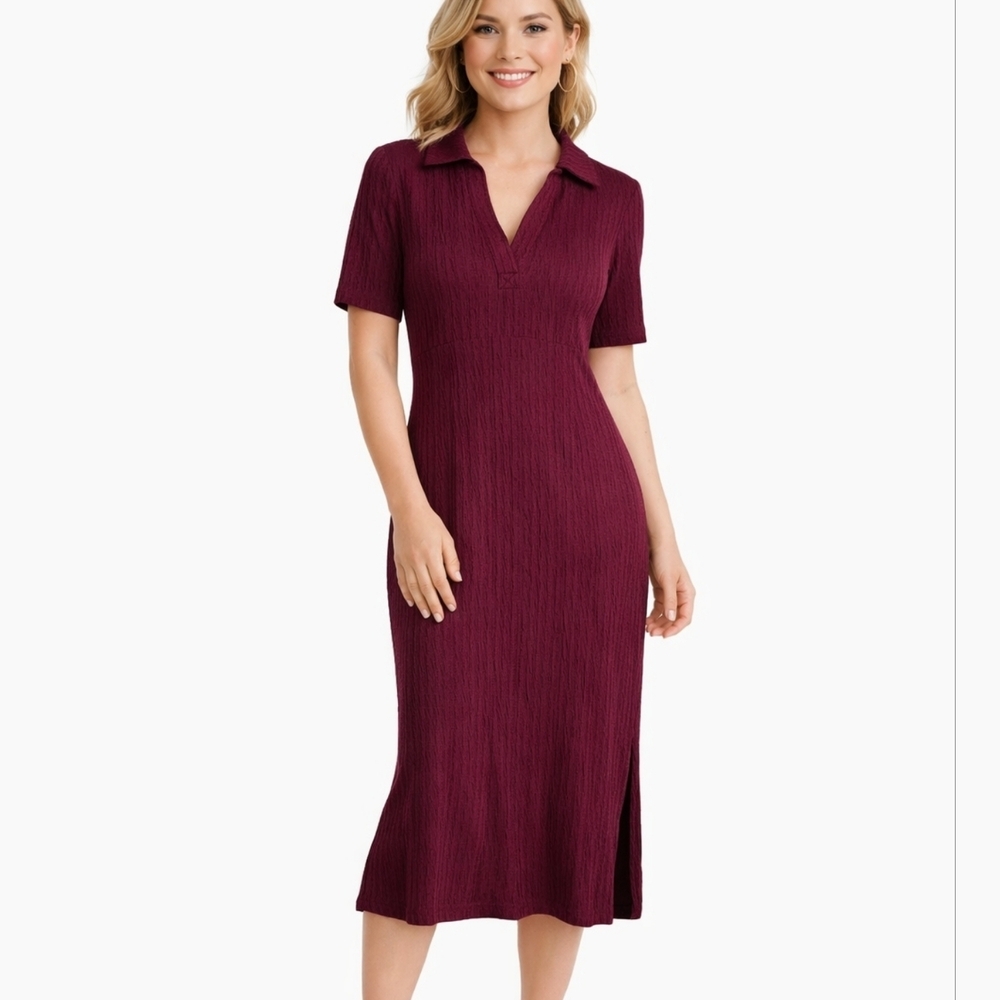 Colleen Lopez Ribbed Midi Dress with Collar - Burgundy - NWT Size XXS